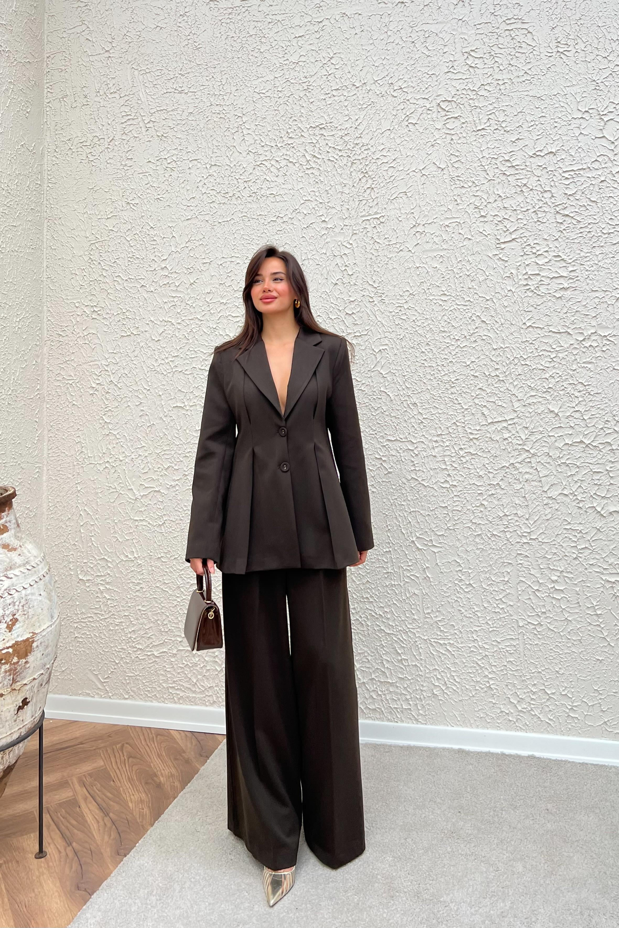 Pileli Blazer Pantolon Takım - KAHVERENGİ
