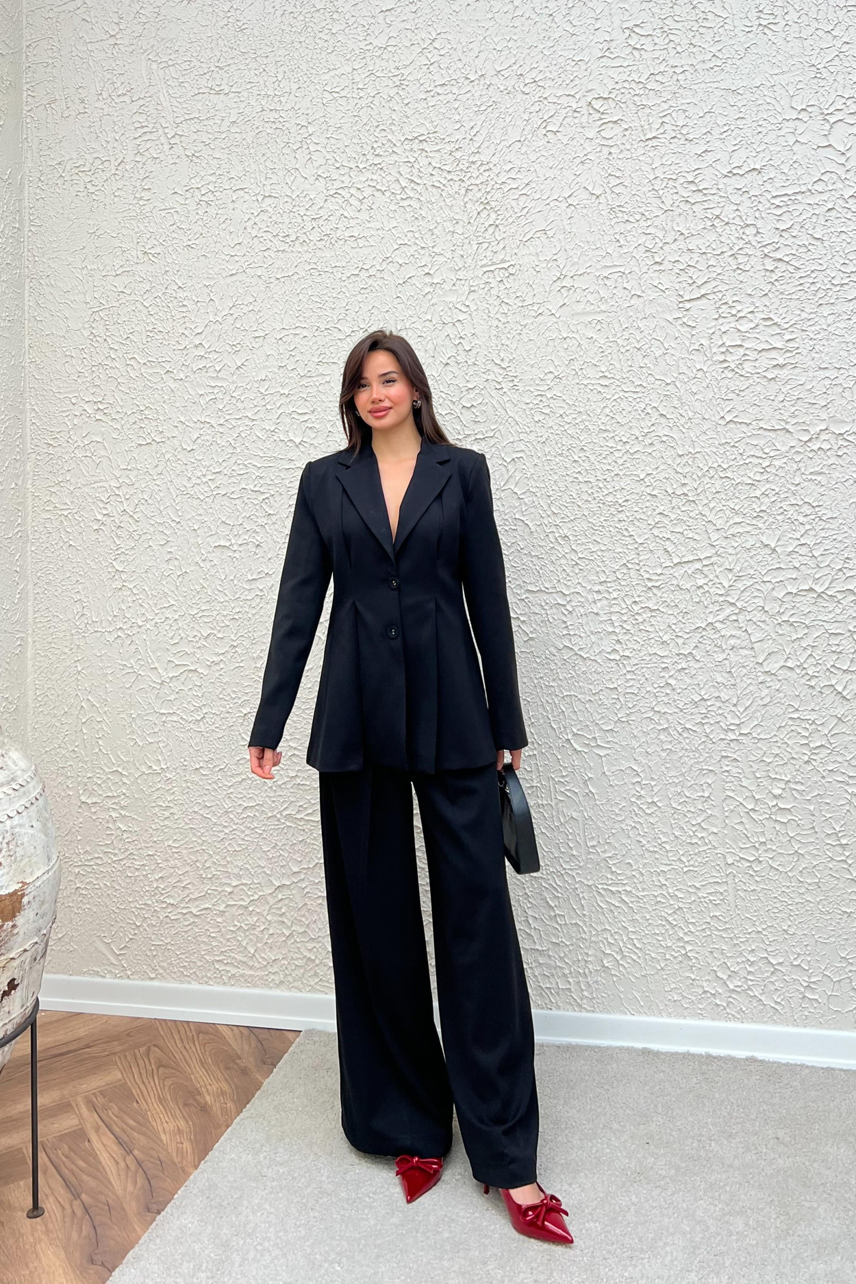 Pileli Blazer Pantolon Takım - SİYAH