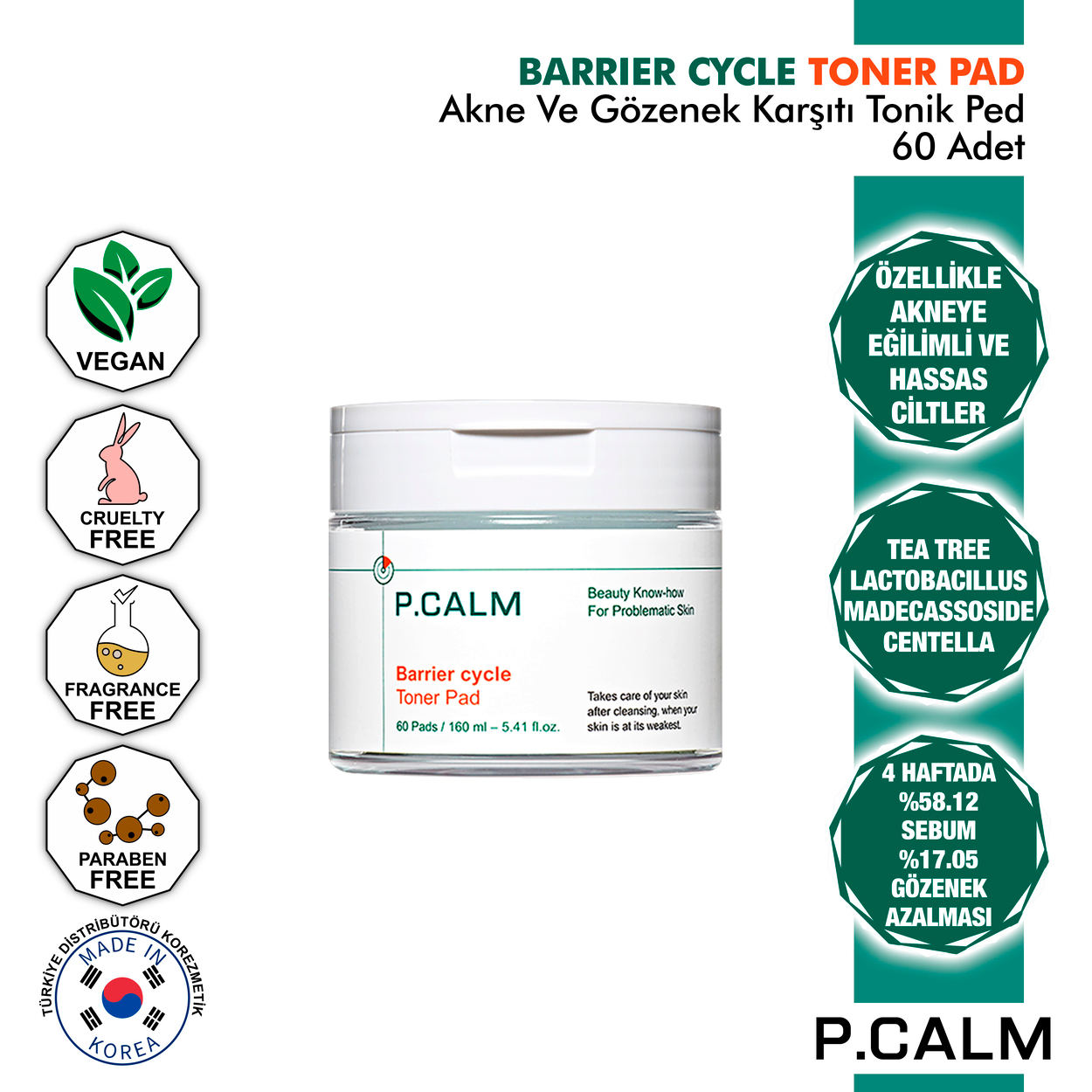Adenosine, Bifida, Çay Ağacı, Centella Ve Lactobacillus İçeren, Akne, Siyah Nokta Ve Gözenek Karşıtı Barrier Cycle Tonikli Ped 60Adet