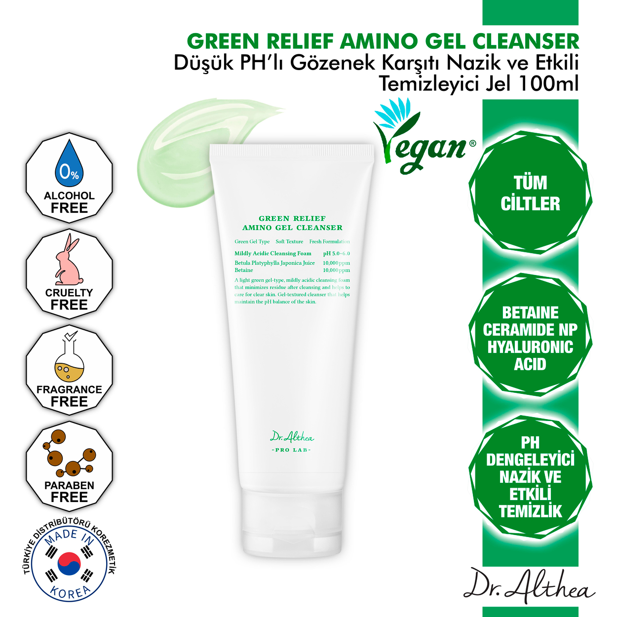 Dr. Althea Green Relief Amino Gel Cleanser - Düşük PHlı Betaine ve Hyaluronik Asit İçeren Gözenek Karşıtı Nazik Ve Etkili Temizleyici Jel - 100ml