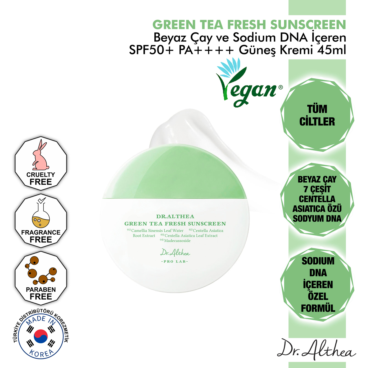 Dr. Althea Beyaz Çay ve Sodium DNA İçeren Yatıştırıcı Etkili Green Tea Fresh Güneş Kremi Spf50+ Pa++++ 45ml