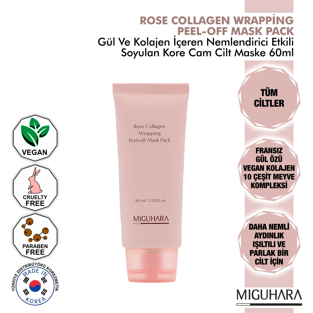 Miguhara Gül Ve Kolajen İçeren Nemlendirici Etkili Soyulan Ve Eriyen Kore Cam Cilt Maske Peel Off - 60ml