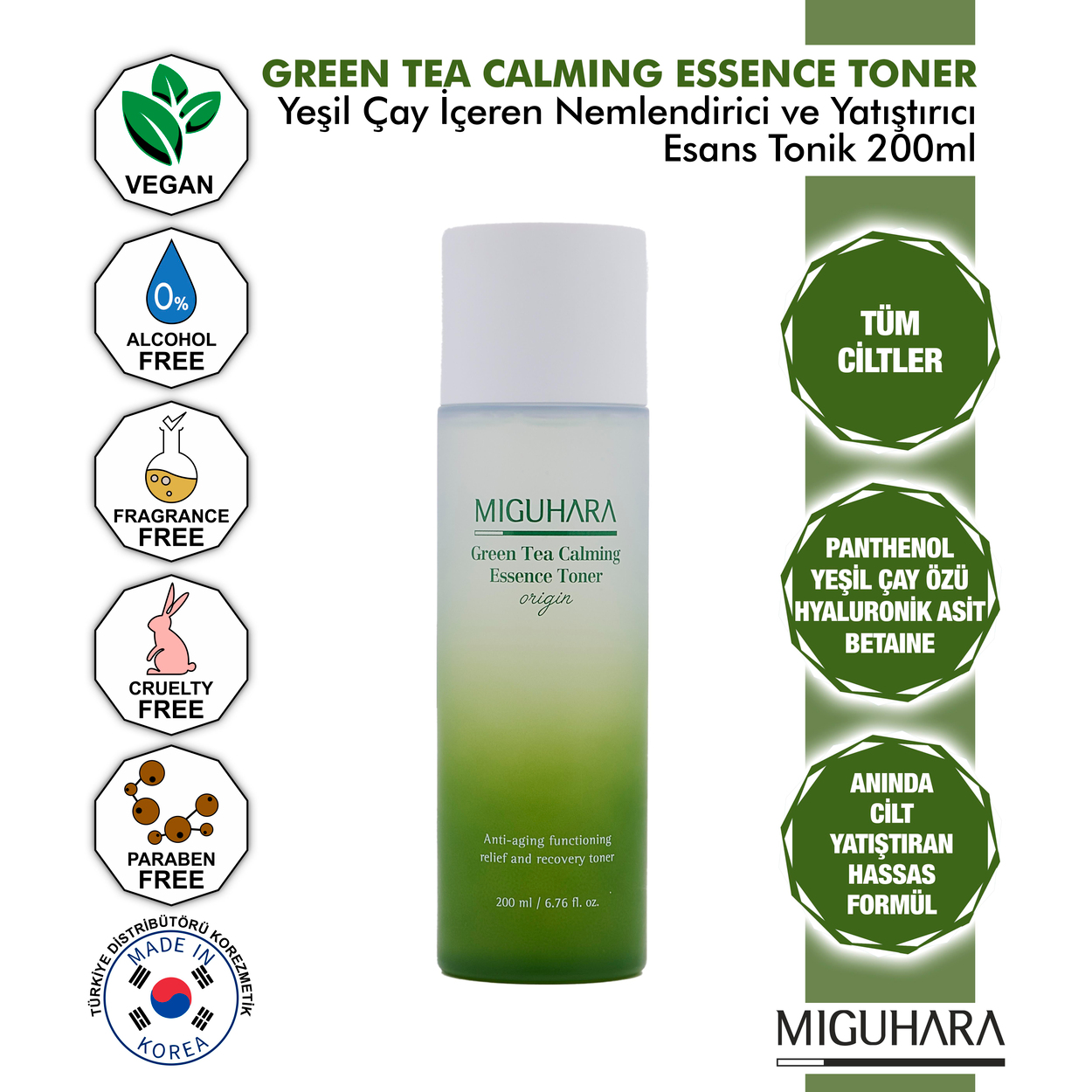 Miguhara Yeşil Çay İçeren Nemlendirici Ve Yatıştırıcı Essence Tonik - 200ml