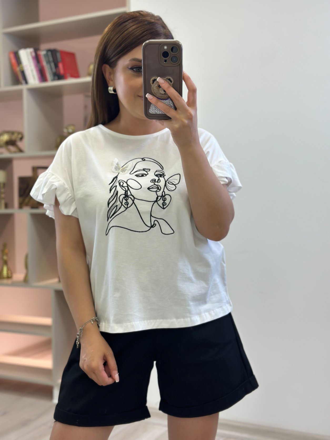 Kız Baskılı Kolları Fırfırlı Tshirt EKRU