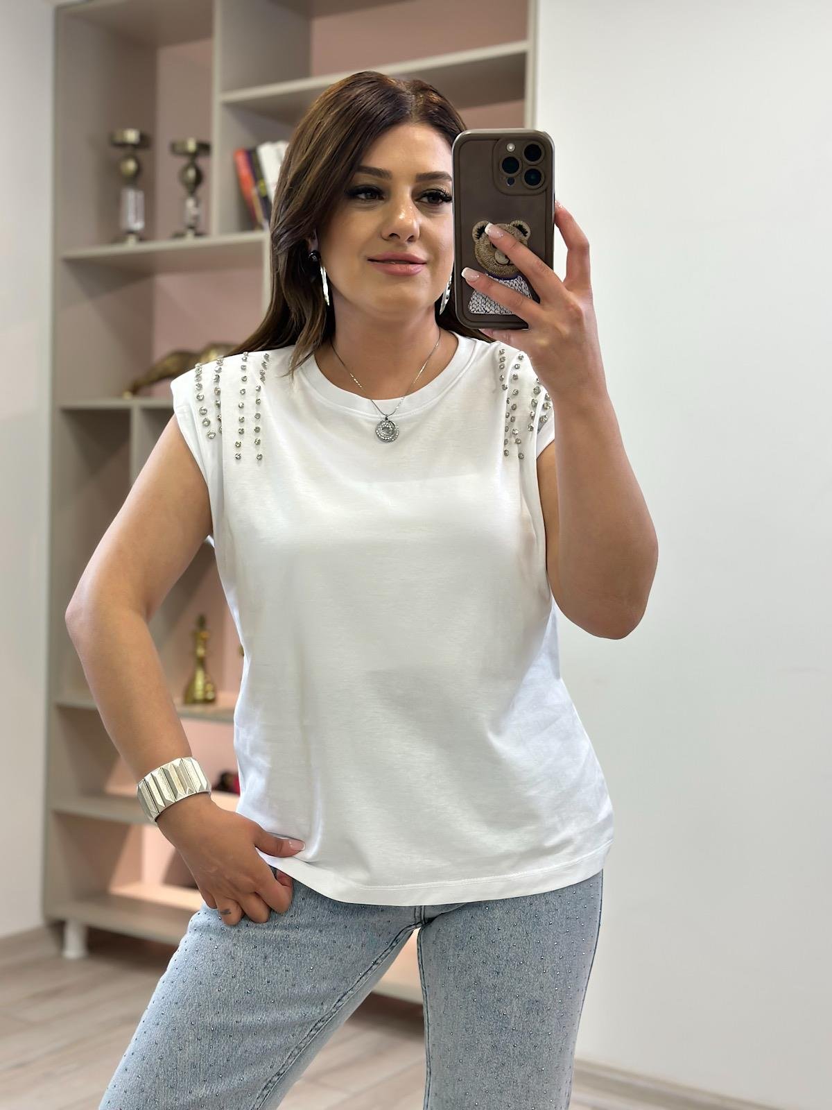 Vatkalı Omuzları Taş Detaylı Tshirt BEYAZ