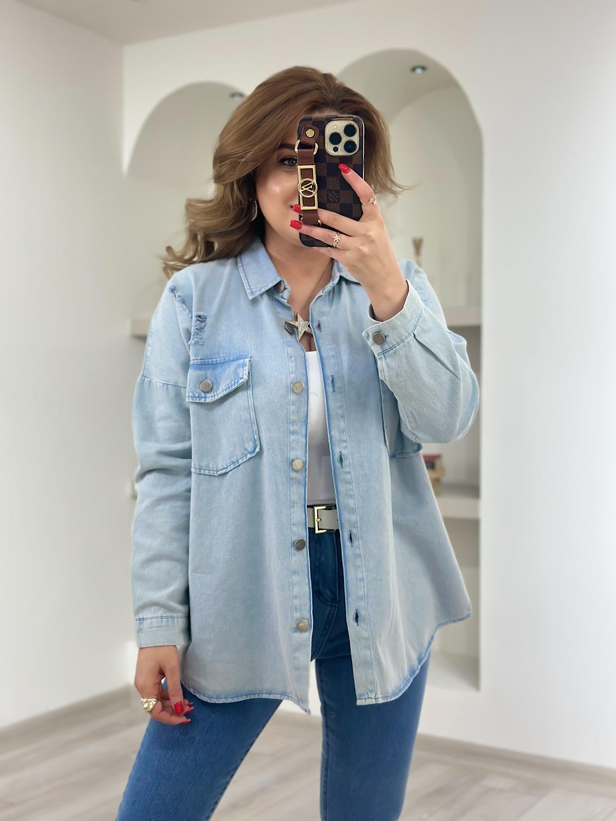 Yırtıklı Gabardin Gömlek BUZ MAVİ