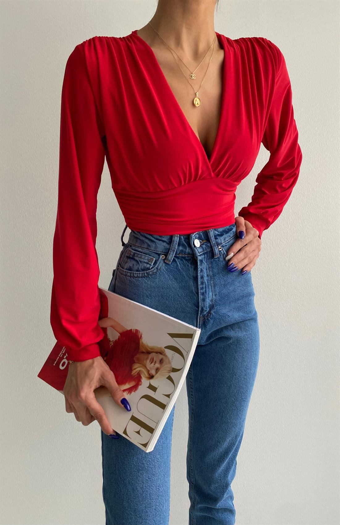 Önü Büzgülü Crop Bluz KIRMIZI