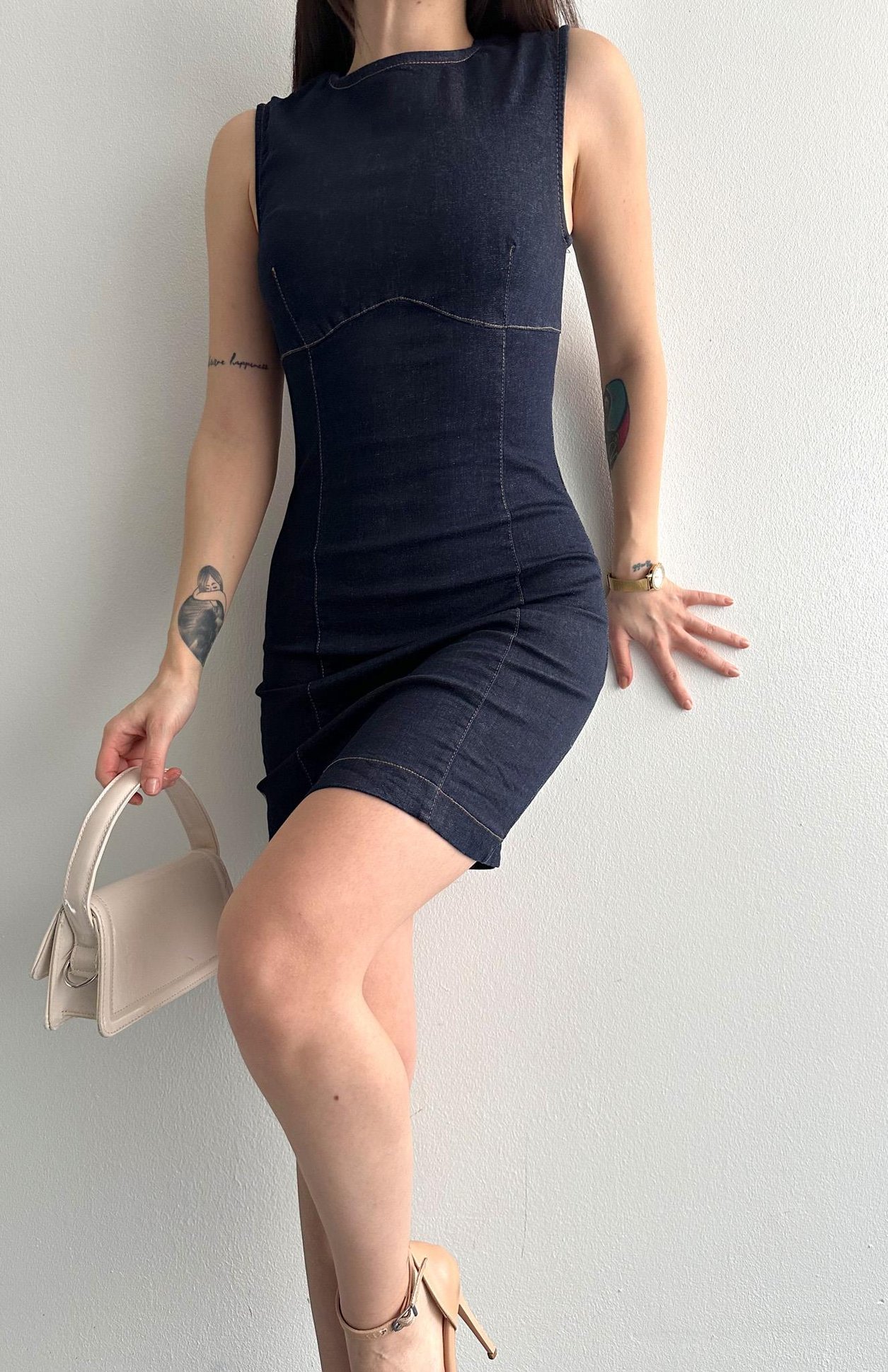 Arka Fermuarlı Pensli Robalı Denim Elbise LACİVERT