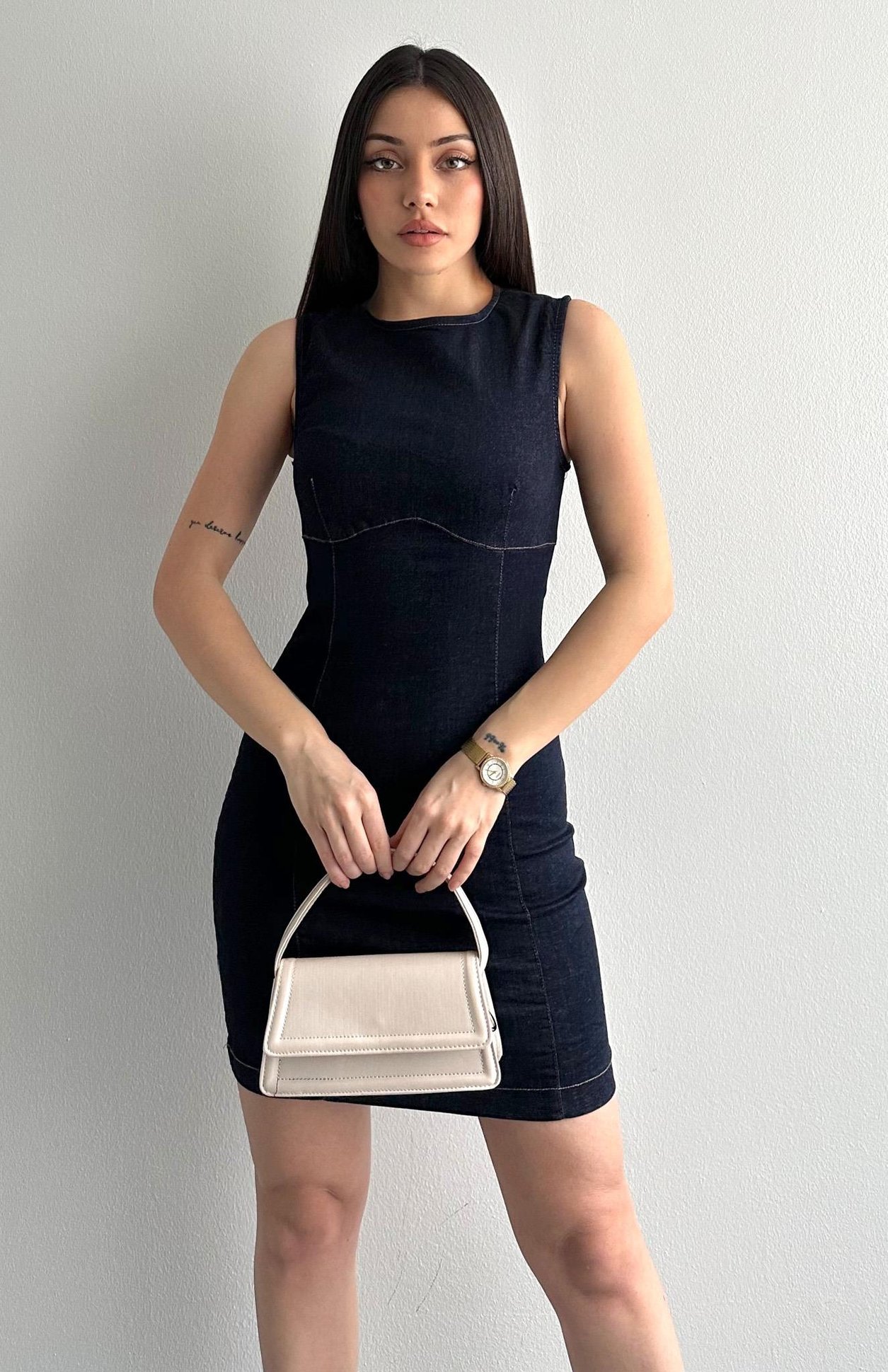 Arka Fermuarlı Pensli Robalı Denim Elbise LACİVERT
