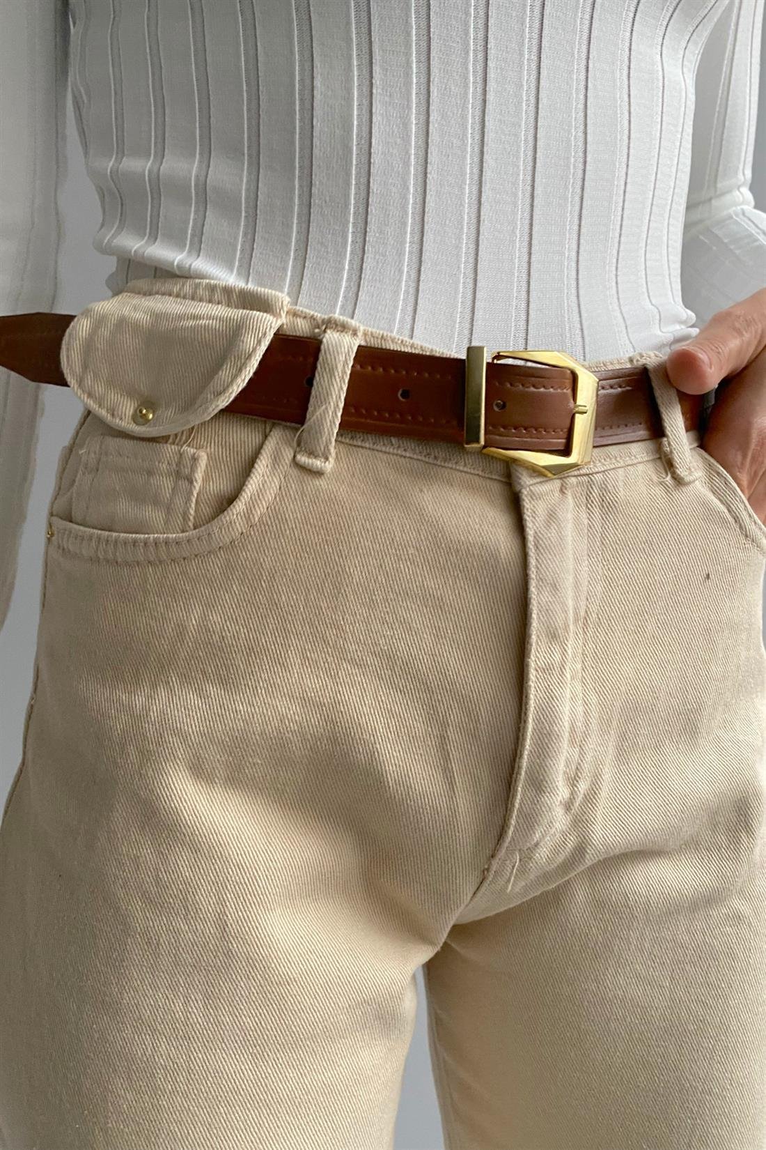 Kemerli Dar Paça Pantolon TAŞ