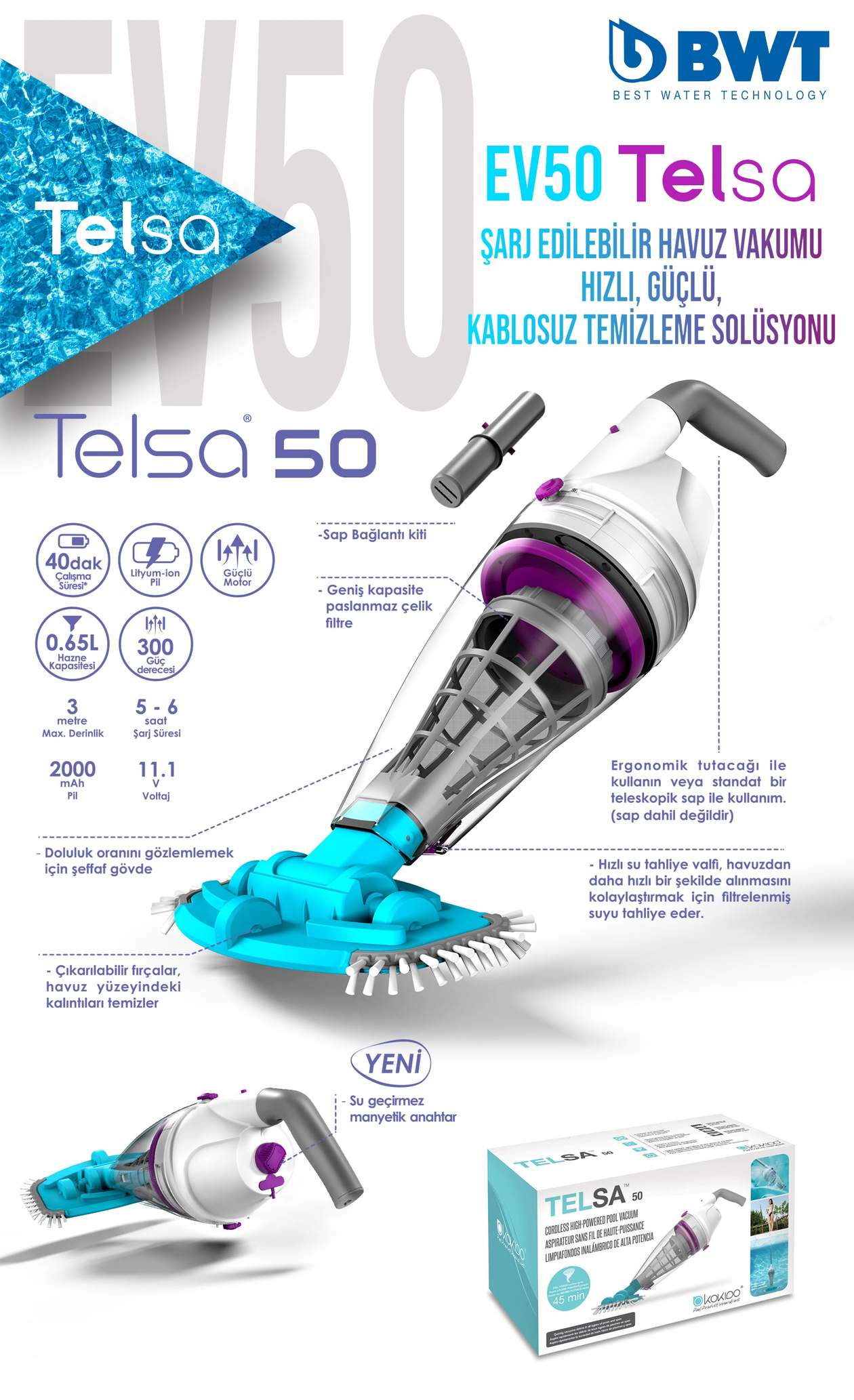 Telsa 50 Şarjlı Havuz Temizleme Süpürgesi