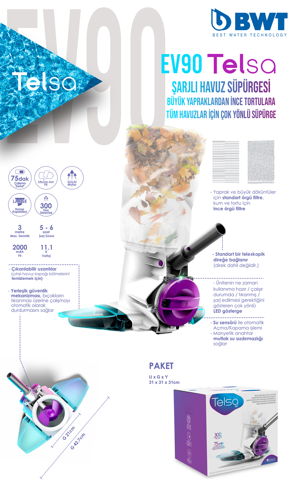 BWT Telsa 90 Şarjlı Havuz Temizleme Süpürgesi