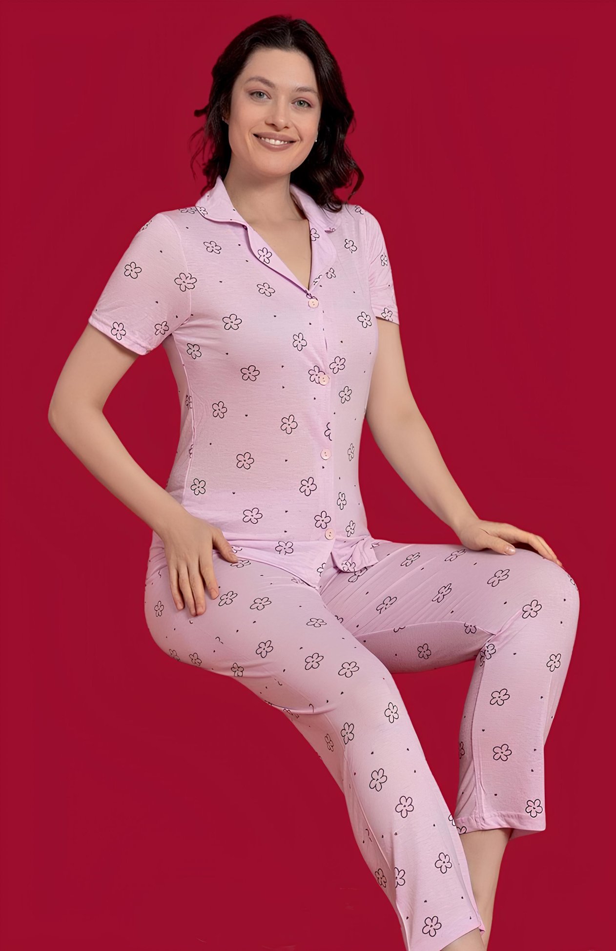 Kadın Çicek Desenli Kısa Kollu Önden Düğmeli Pijama Takım - 5362 - MRİA MD