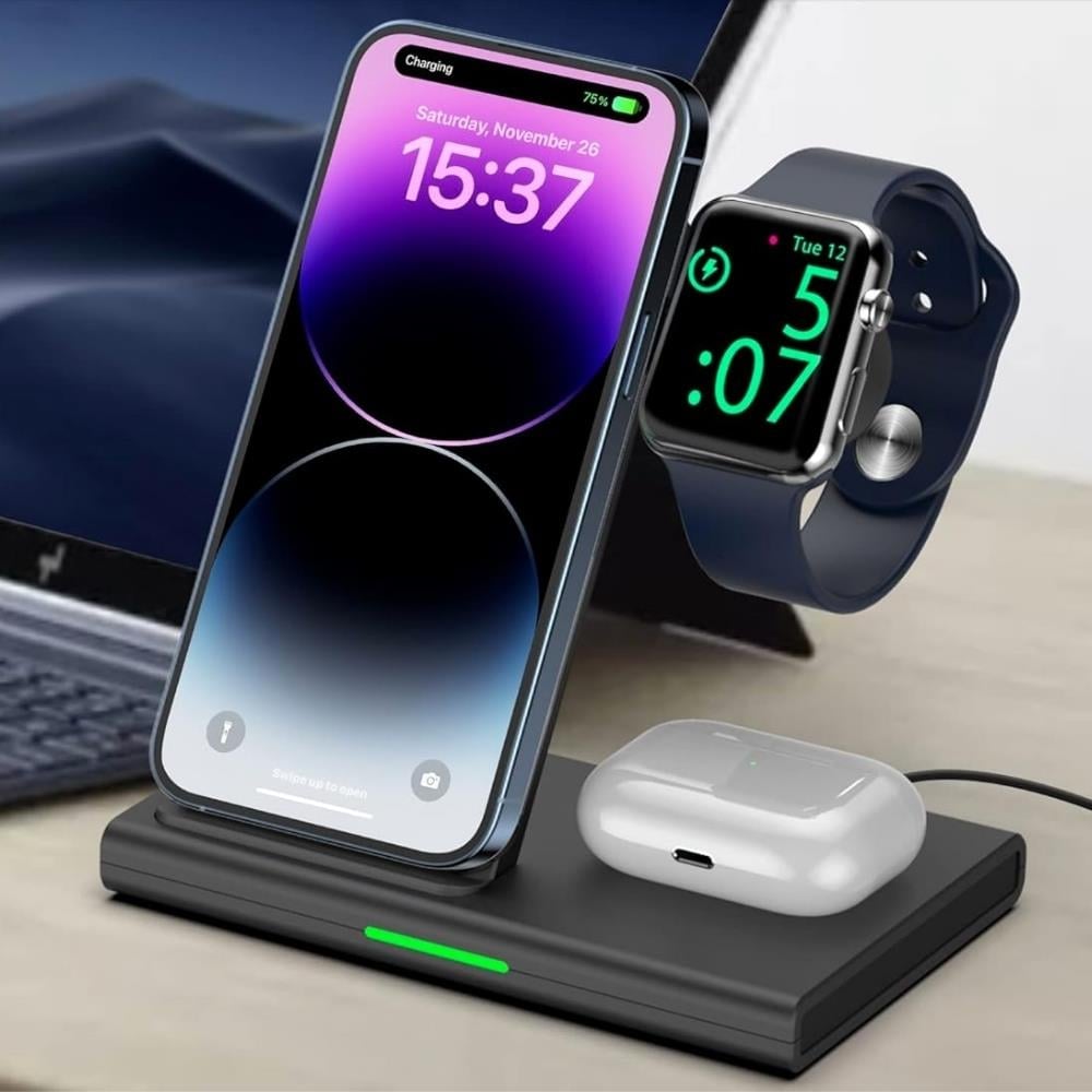 3-1 Arada 20W Hızlı Şarj Destekli Kablosuz Wireless Şarj Stand LED Işıklı Iphone, Apple Watch, Airpods Destekli