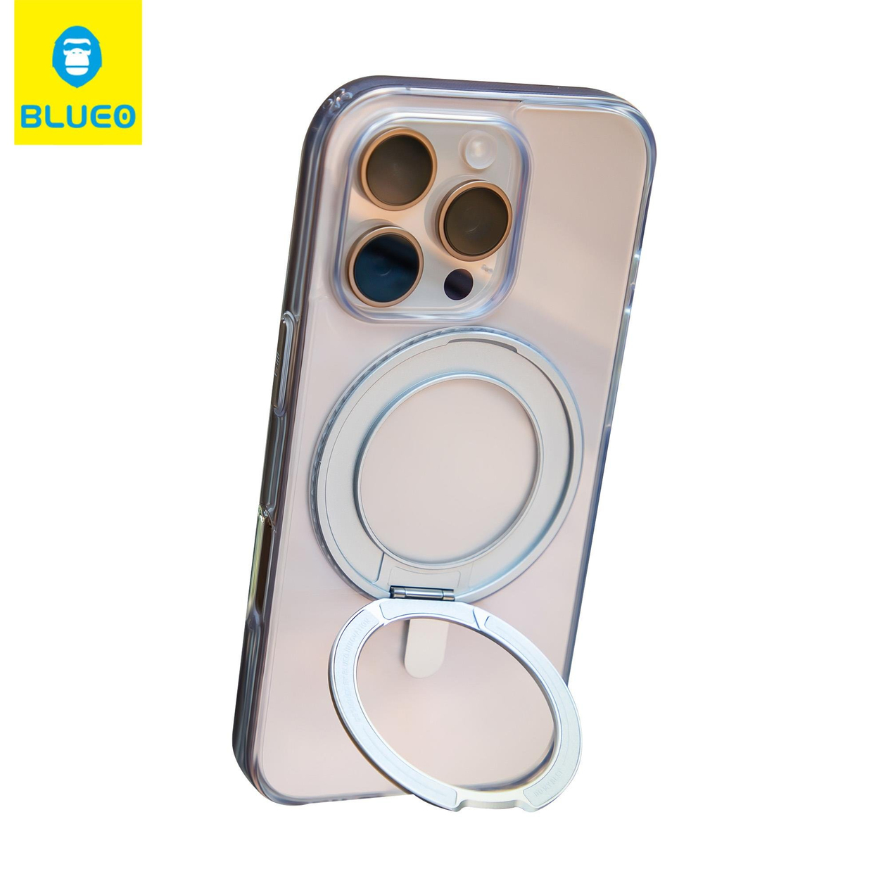 BLUEOB Crystal With 360 Rotatable iPhone 16 Pro Max Kristal Sararmaya Dayanıklı MagSafe Stand Özellikli Anti-Drop Şeffaf Silikon Kılıf