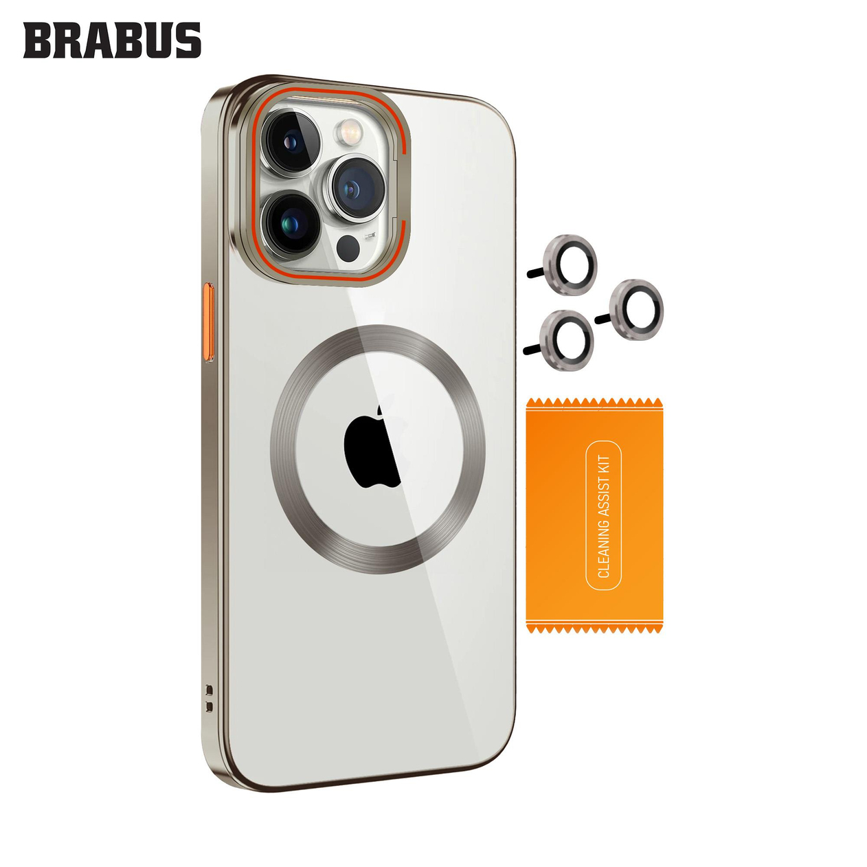 BRABUS iPhone 15 Pro Max MagSafe Metal Stand Özellikli Renkli Lazer Şeffaf Lens Koruyuculu ince Wing Silikon Kılıf