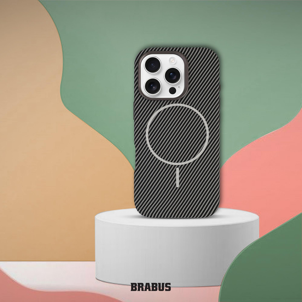 BRABUS iPhone 16 Pro Uyumlu Karbon Fiber Baskı Kaplamalı MagSafe Özellikli Patch Kılıf