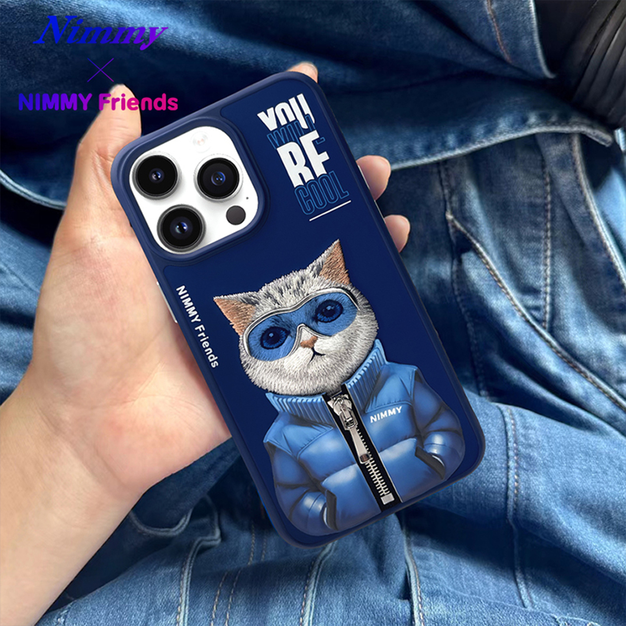 NIMMY iPhone 14 Pro Parlak Zemin Üstüne Gerçek Nakış İşlemeli Gözlük Mont Detaylı 3D Animal Little Hipster Man Kılıf