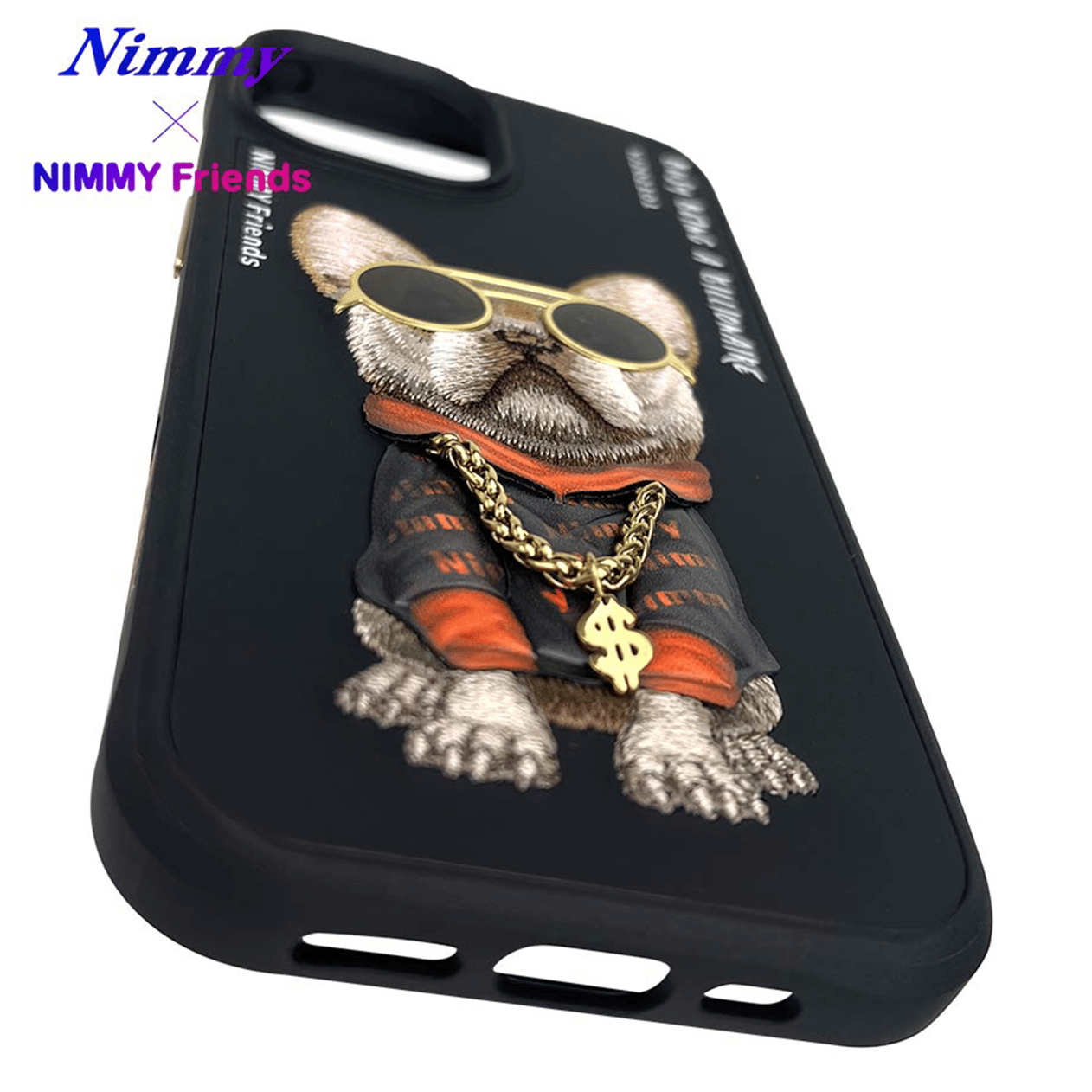 NIMMY iPhone 15 3D Gerçek Nakış İşleme Kabartmalı Köpek Zincir Gözlük Detaylı Cool Glasses Black Little Rich Tycoon Kılıf