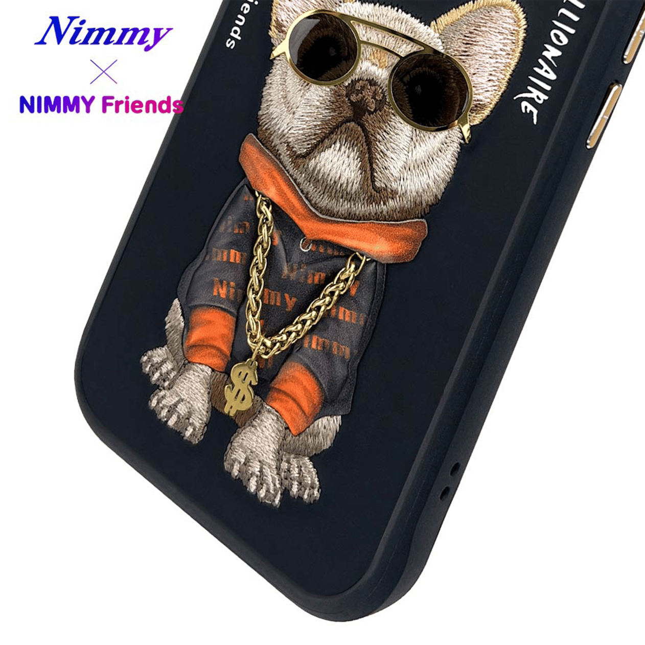 NIMMY iPhone 15 3D Gerçek Nakış İşleme Kabartmalı Köpek Zincir Gözlük Detaylı Cool Glasses Black Little Rich Tycoon Kılıf
