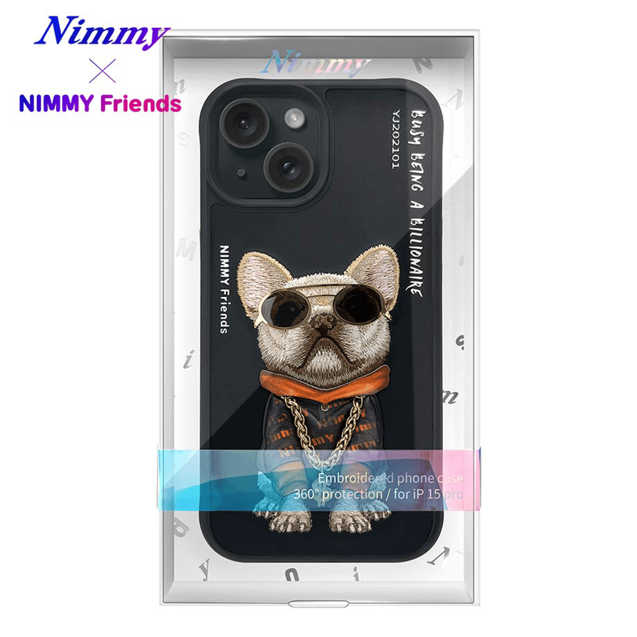 NIMMY iPhone 15 3D Gerçek Nakış İşleme Kabartmalı Köpek Zincir Gözlük Detaylı Cool Glasses Black Little Rich Tycoon Kılıf