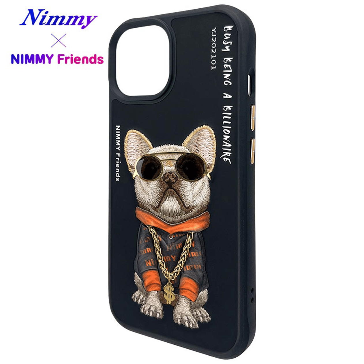 NIMMY iPhone 15 3D Gerçek Nakış İşleme Kabartmalı Köpek Zincir Gözlük Detaylı Cool Glasses Black Little Rich Tycoon Kılıf