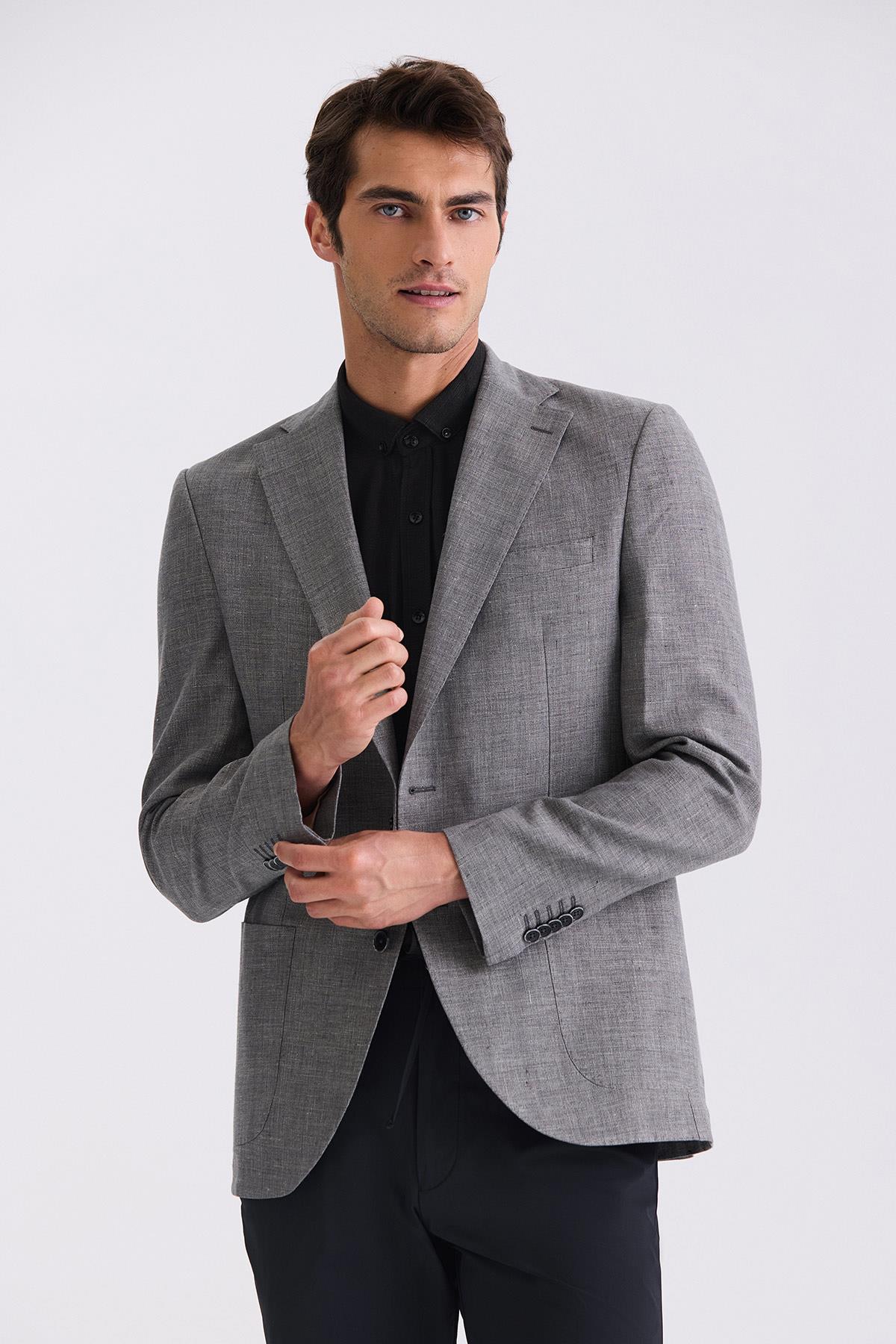 Antrasit Slim Fit Mono Yaka Keten Spor Ceket