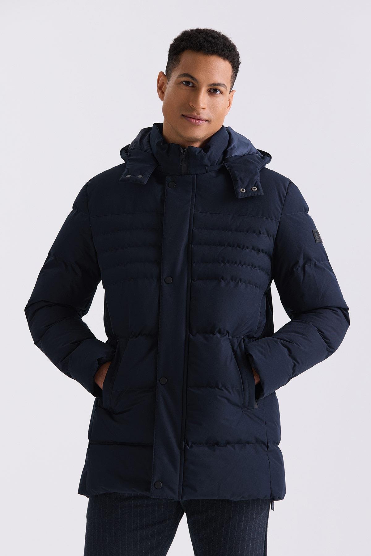Lacivert Regular Fit Hakim Yaka Gizli Fermuarlı Şişme Mont