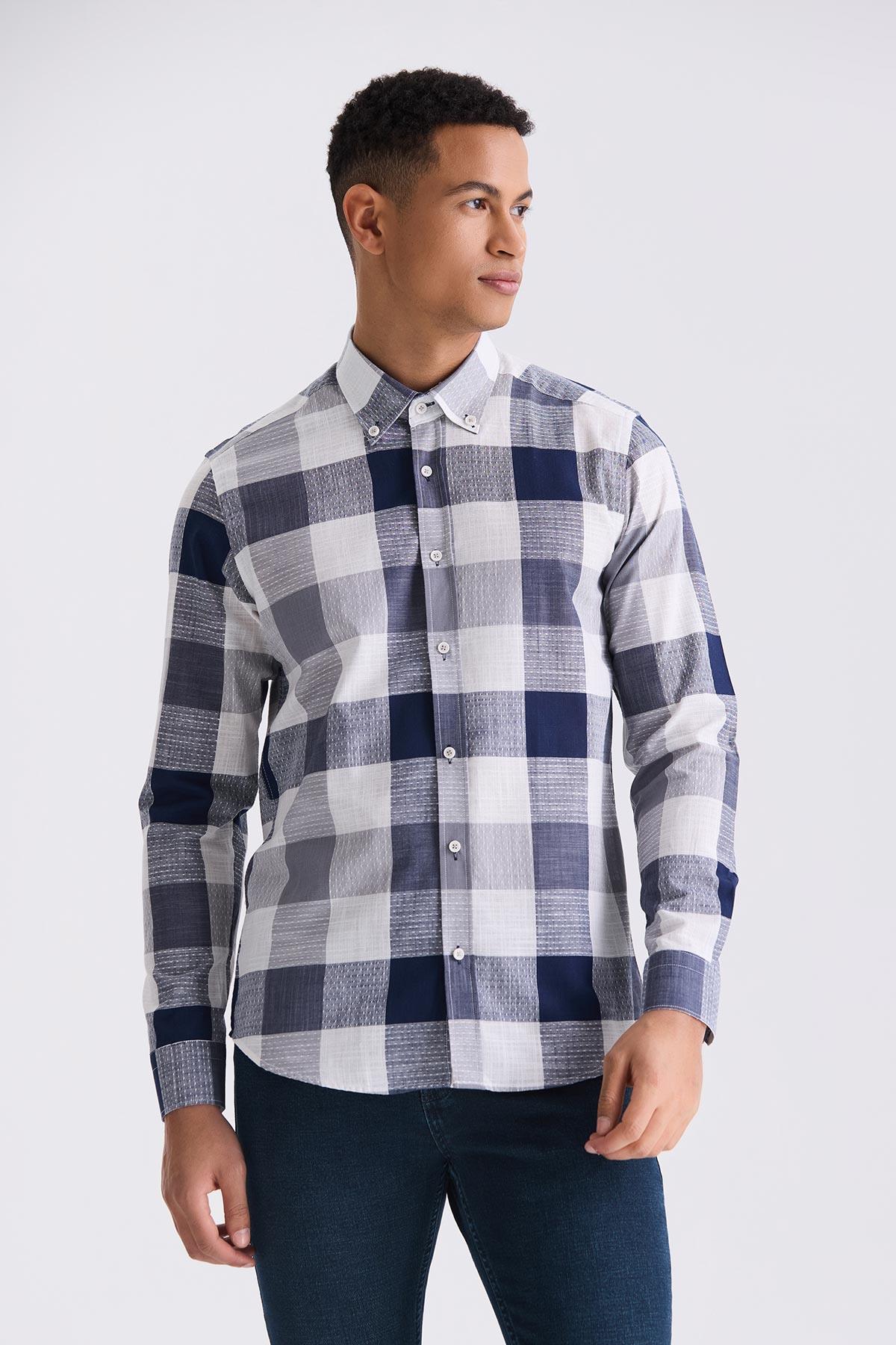 Lacivert Slim Fit Kareli %100 Pamuk Gömlek