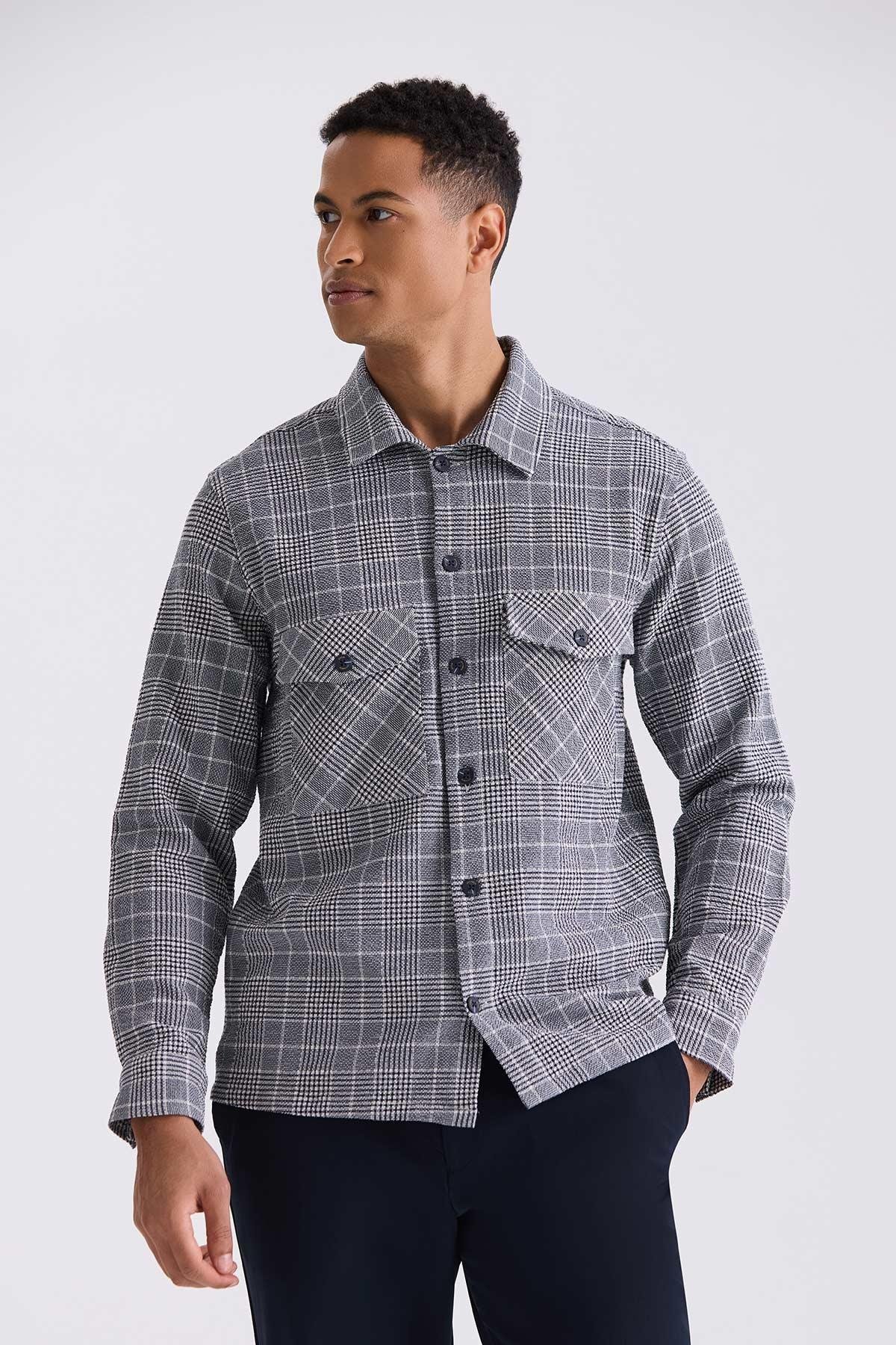 Lacivert Slim Fit Ekoseli Pamuklu Gömlek