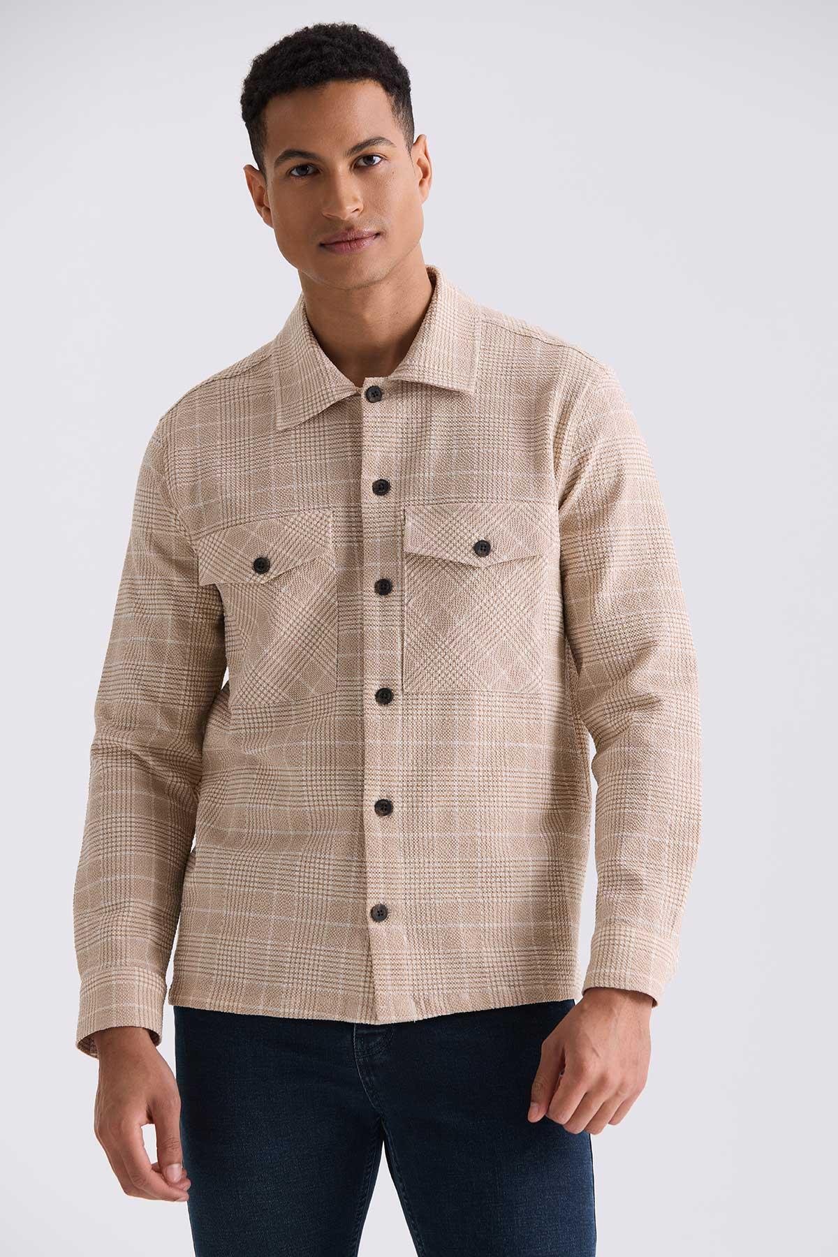 Taba Slim Fit Ekoseli Pamuklu Gömlek