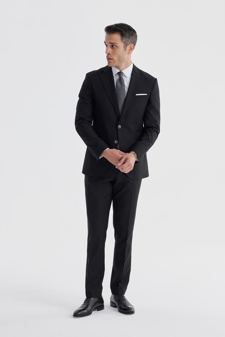 Siyah Slim Fit Mono Yaka Çift Yırtmaç Düz Takım Elbise