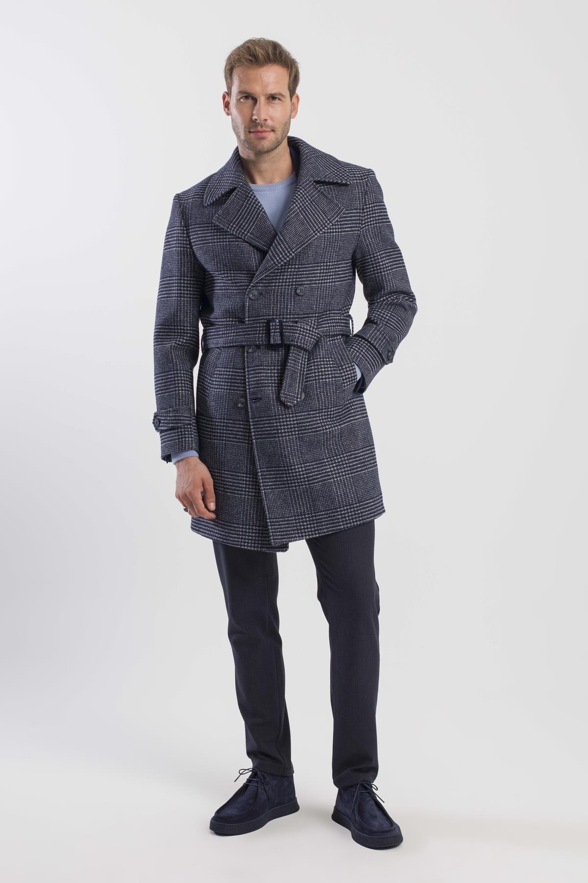 Lacivert Slim Fit Gemici Yaka Ekoseli Yünlü Kaban