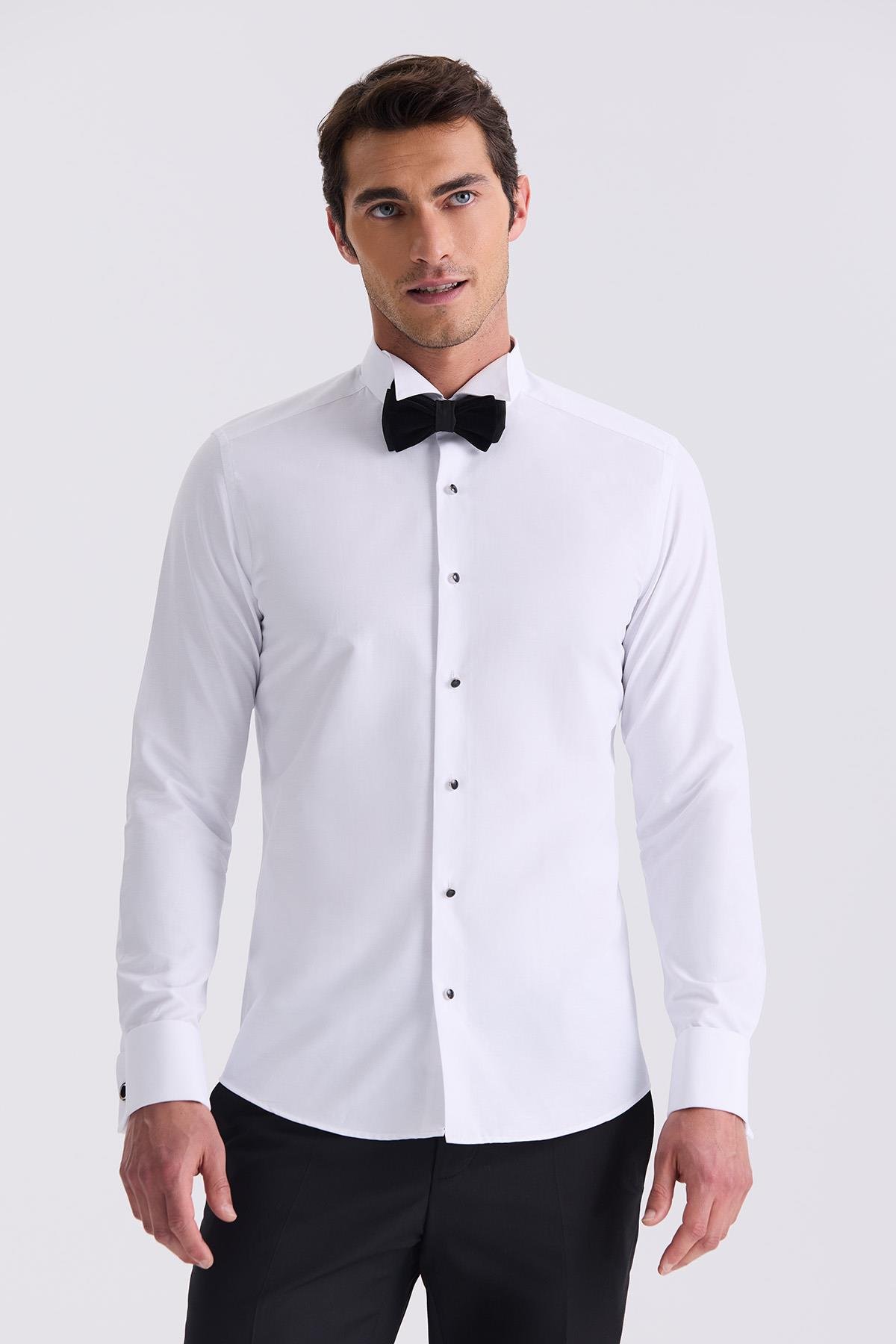 Beyaz Slim Fit Ata Yaka Double Manşet  Gömlek