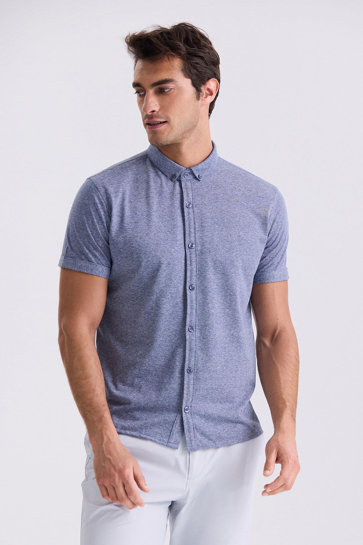 Lacivert Slim Fit Gömlek Yaka Düğmeli T-Shirt