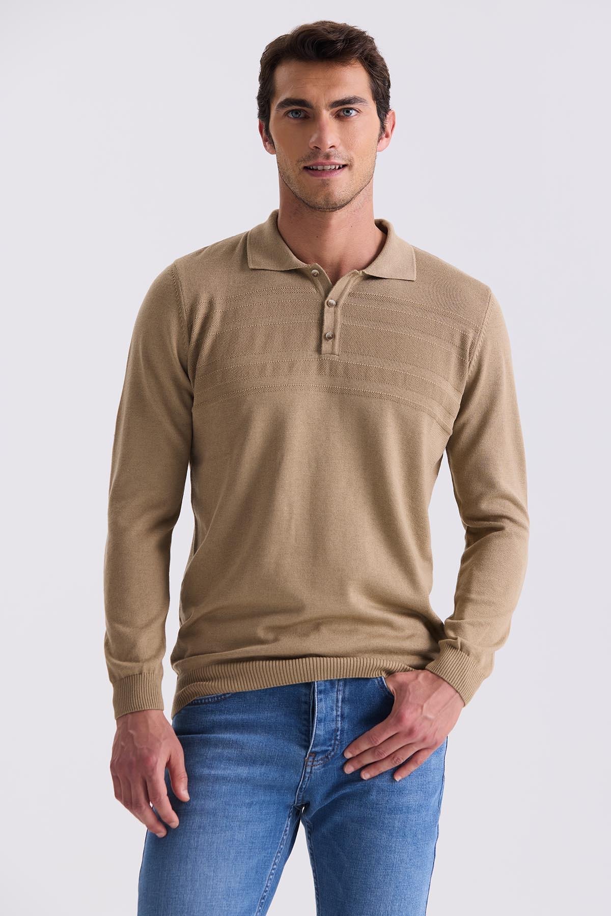 Bej Classic Fit Düğme Detaylı Polo Yaka Triko Kazak