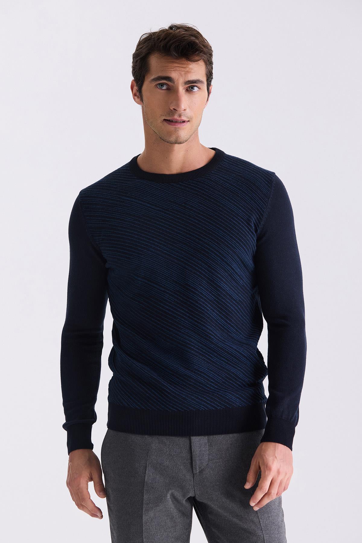 Lacivert Slim Fit Bisiklet Yaka Desenli Triko Kazak
