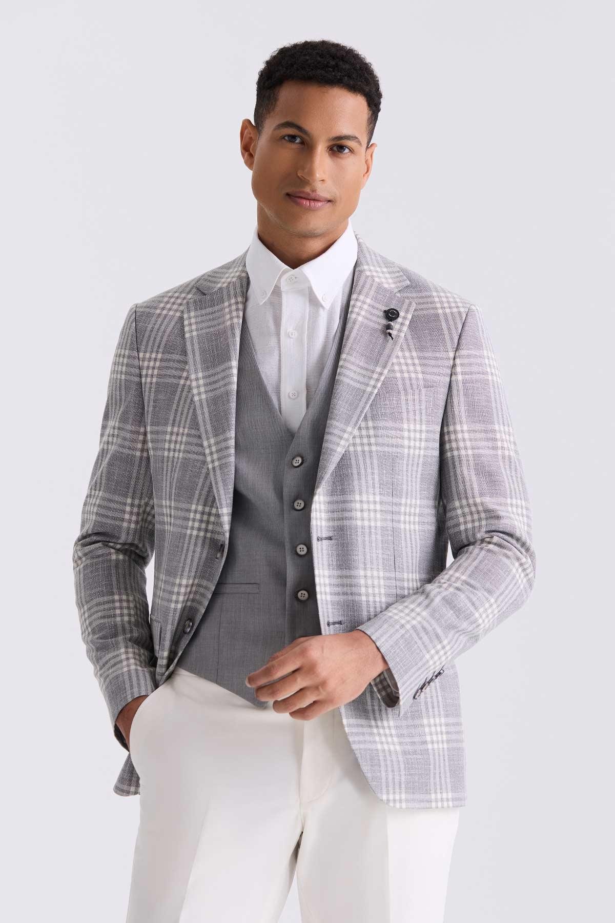 Gri Slim Fit  Mono Yaka Kareli Kombinli Yelekli Takım Elbise