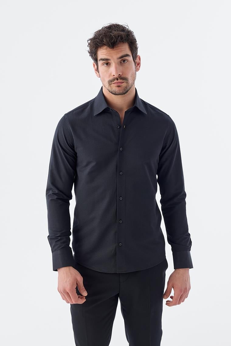 Siyah Slim Fit Desenli İtalyan Yaka Klasik Kravatlık Pamuklu Gömlek
