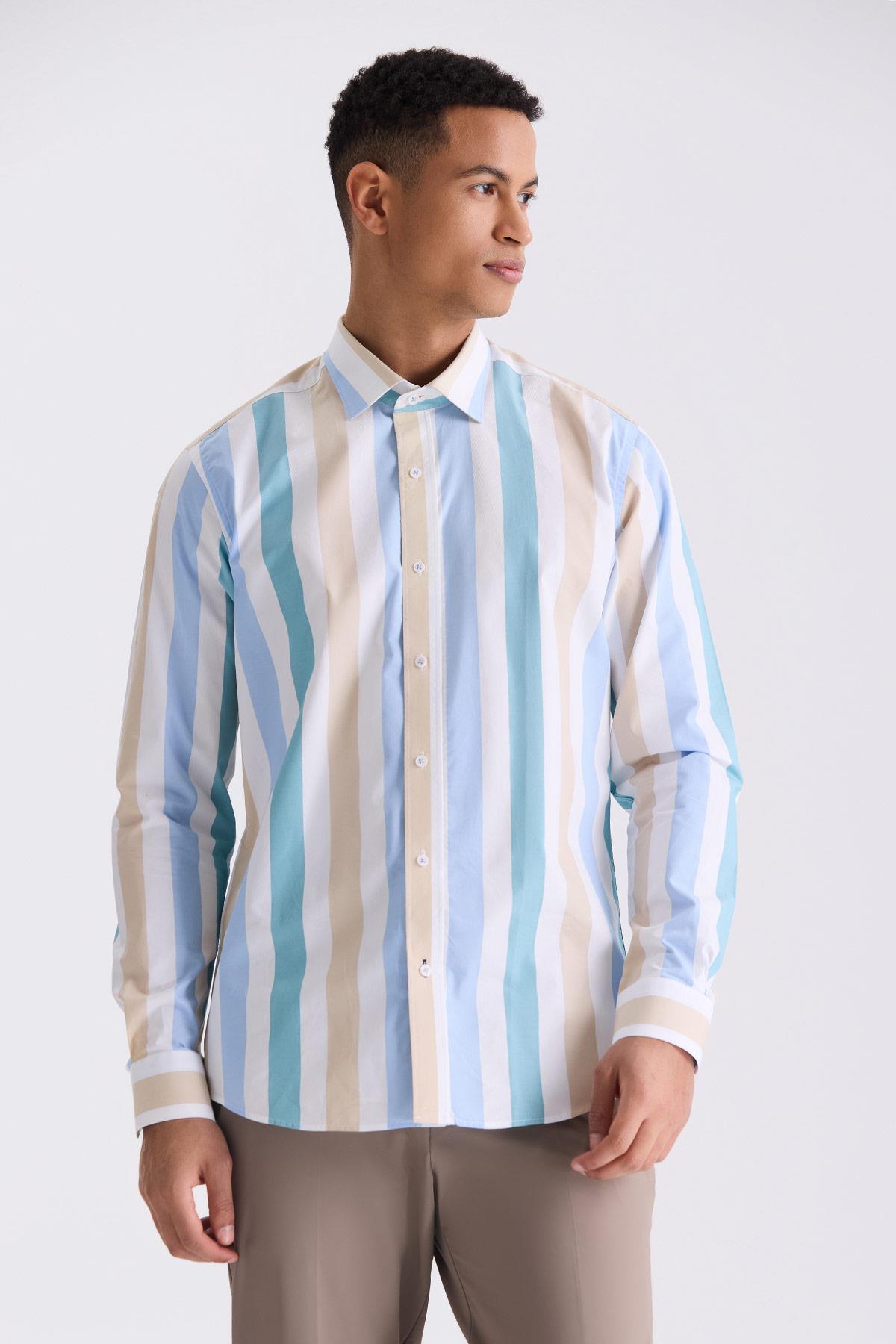 Bej Slim Fit Çizgili %100 Pamuk Gömlek