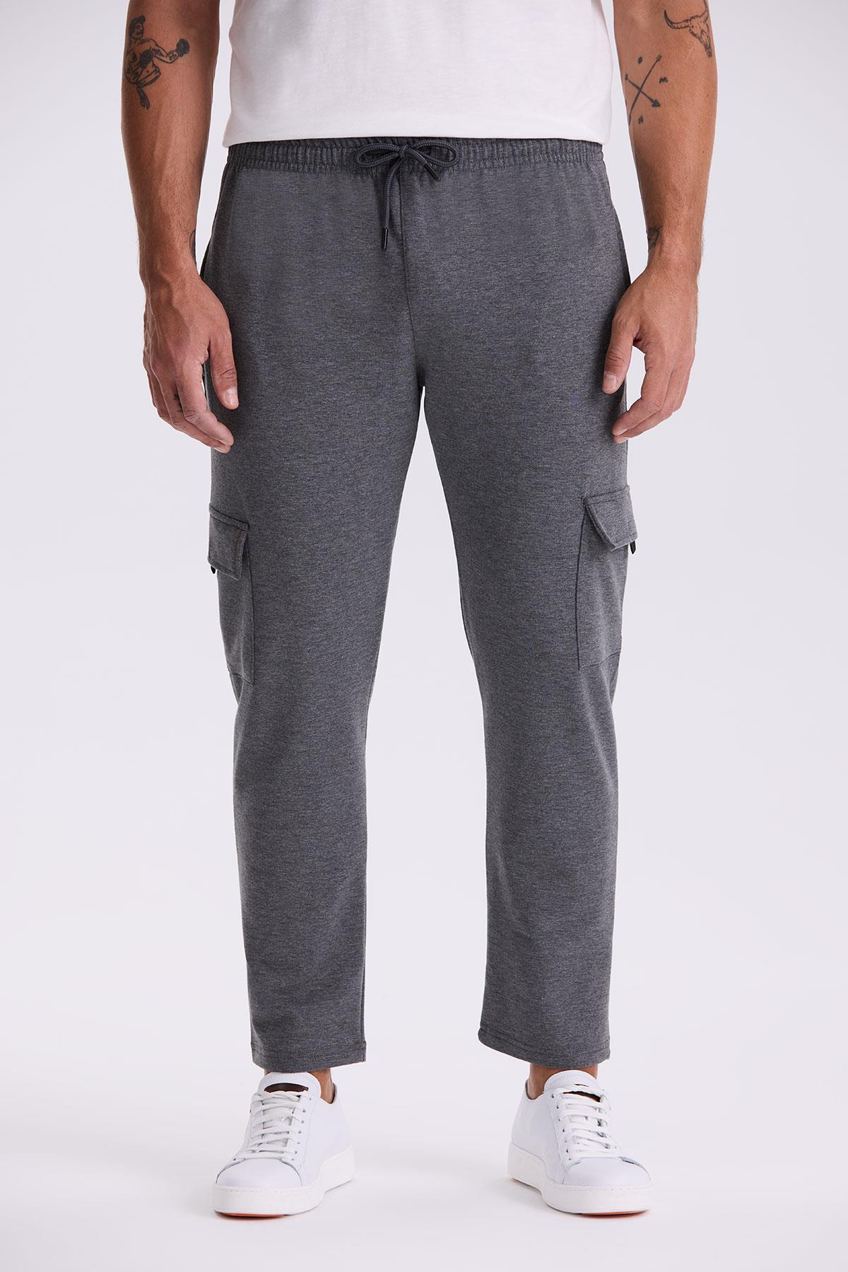 Antrasit Slim Fit Cepli Pamuklu Likralı Eşofman Altı