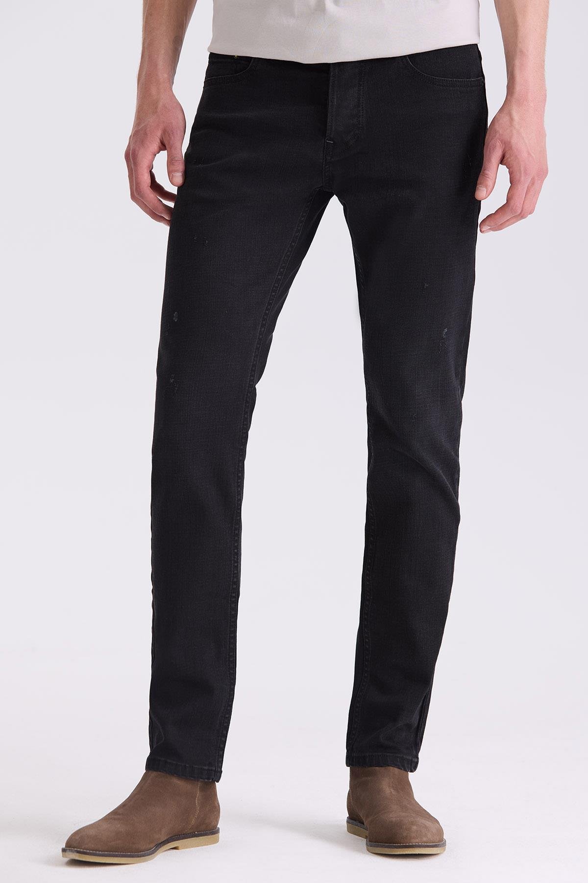 Siyah Slim fit Pamuklu Eskitme Yıkamalı Jean Kot Pantolon