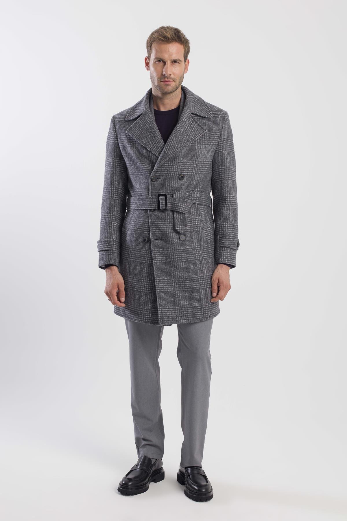 Gri Slim Fit Gemici Yaka Ekoseli Yünlü Kaban
