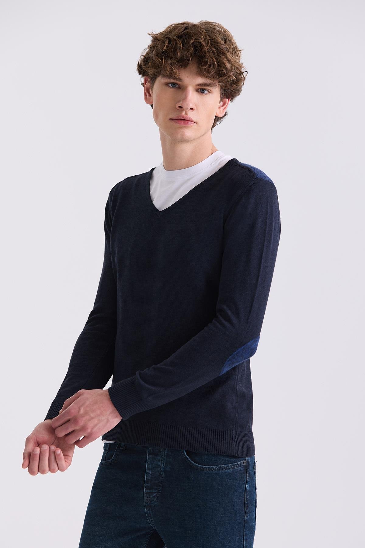 Lacivert Slim Fit V Yaka  Triko Kazak