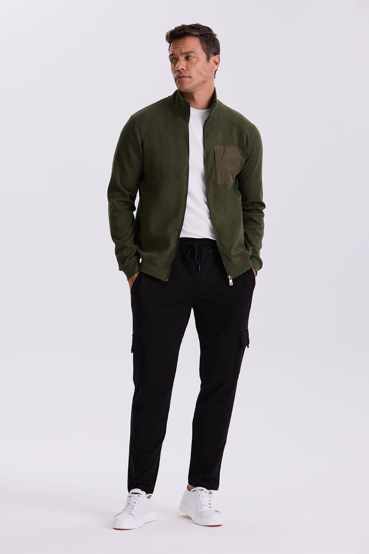 Haki Slim Fit Fermuarlı Pamuklu Likralı Eşofman Üstü