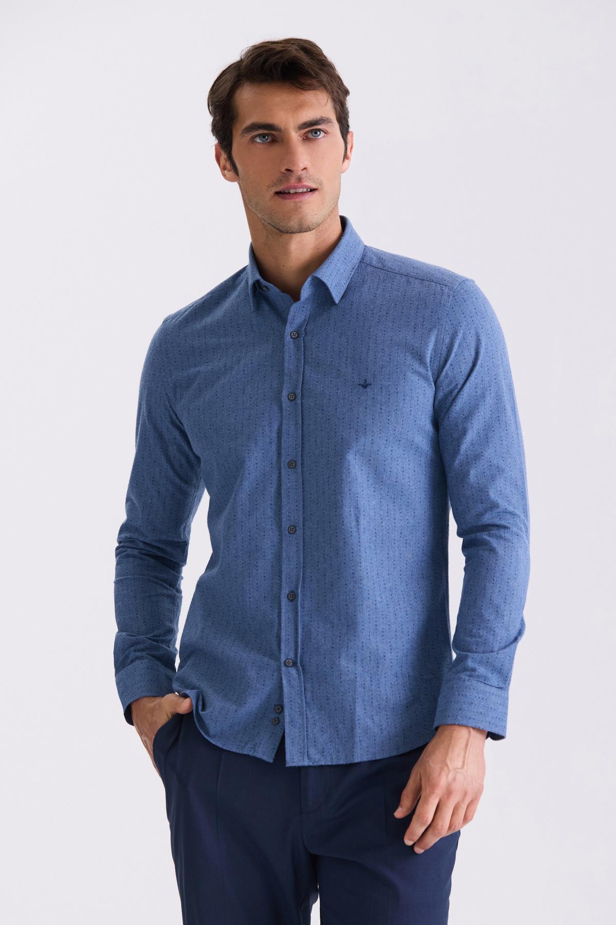 Lacivert Slim Fit Desenli %100 Pamuk Gömlek