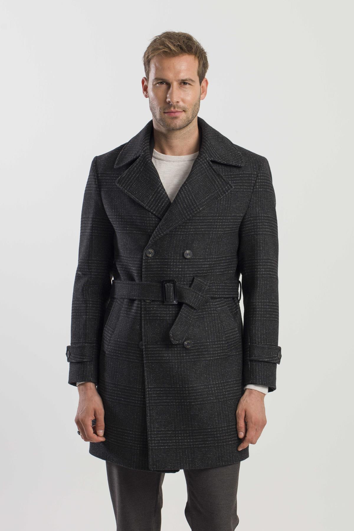 Siyah Slim Fit Gemici Yaka Ekoseli Yünlü Kaban