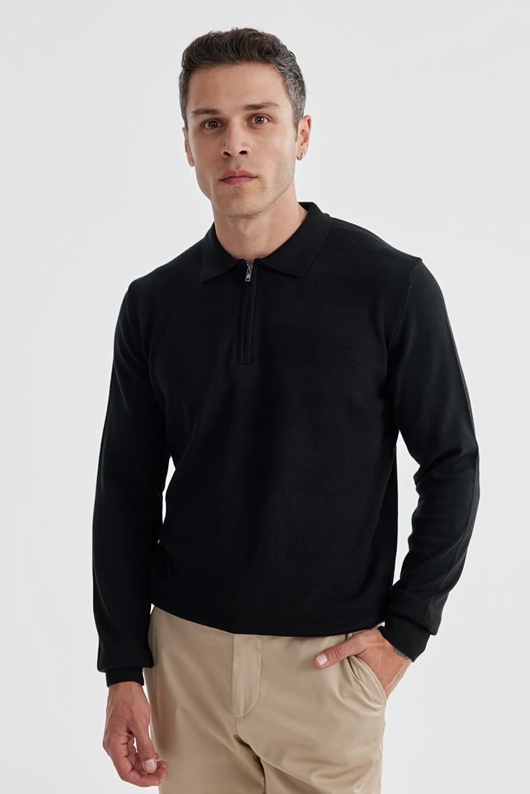 Siyah Slim Fit Pamuklu Desenli Fermuarlı Polo Yaka Triko Kazak