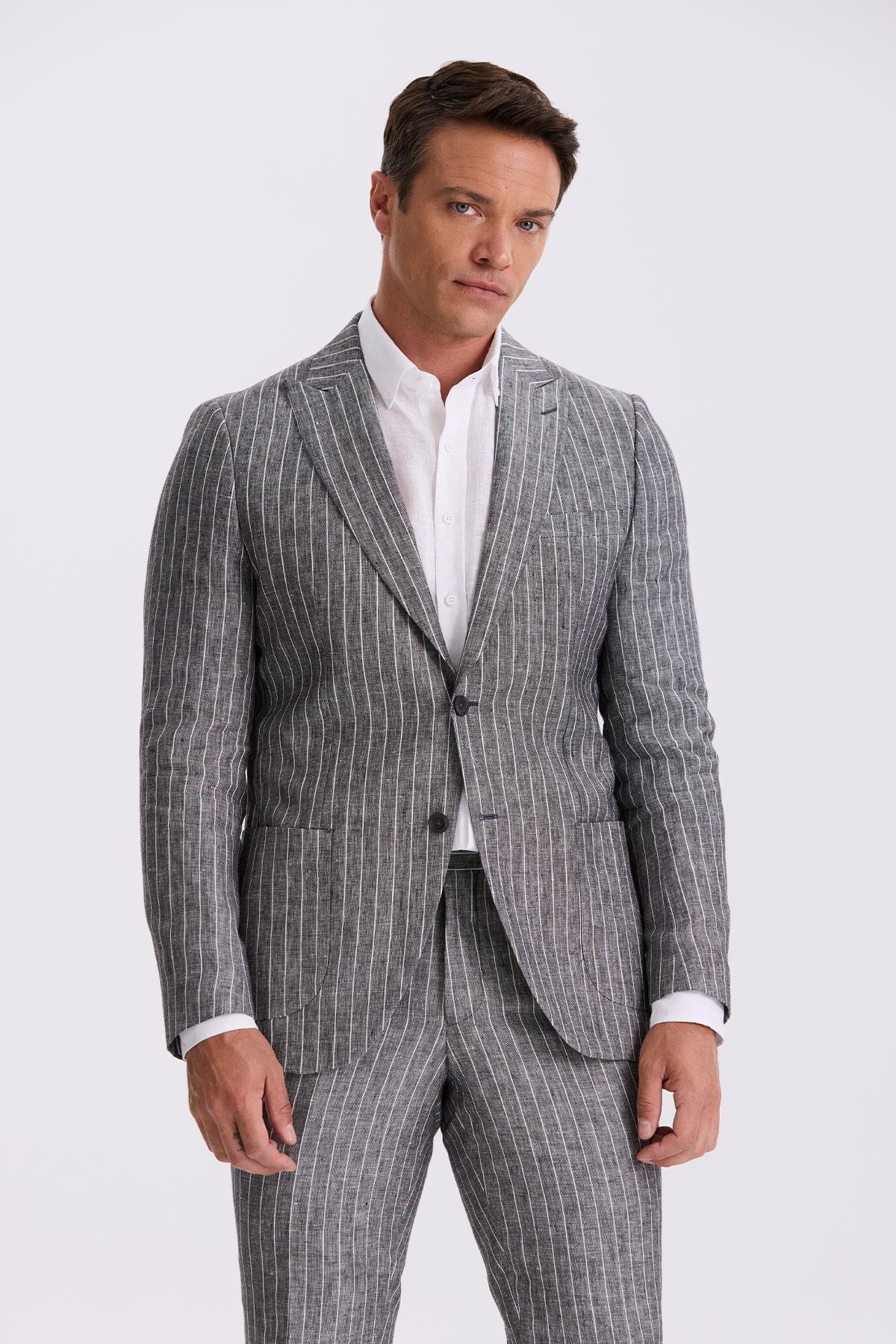 Siyah Slim Fit Kırlangıç Yaka Çift Yırtmaçlı %100 Keten Spor Takım Elbise