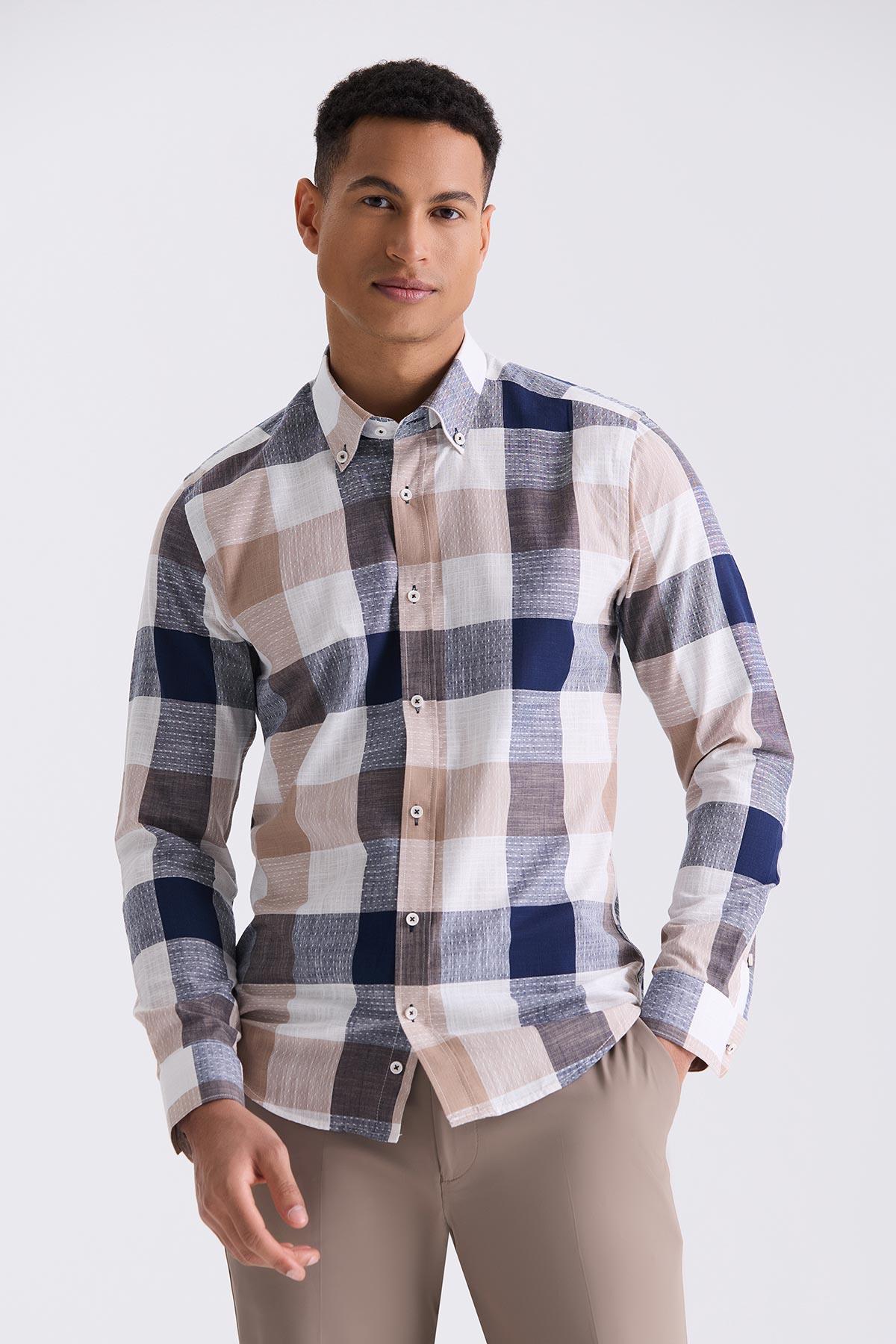 Kahve Slim Fit Kareli %100 Pamuk Gömlek